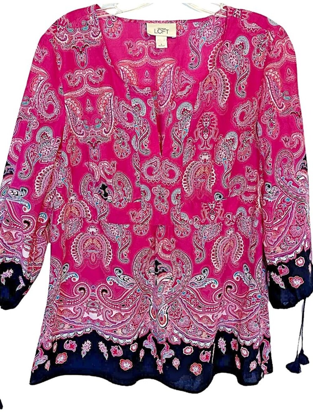 Ann Taylor Loft Paisley Top Size XS Tunic Pink Black Tassels Hippy Mod NWOT